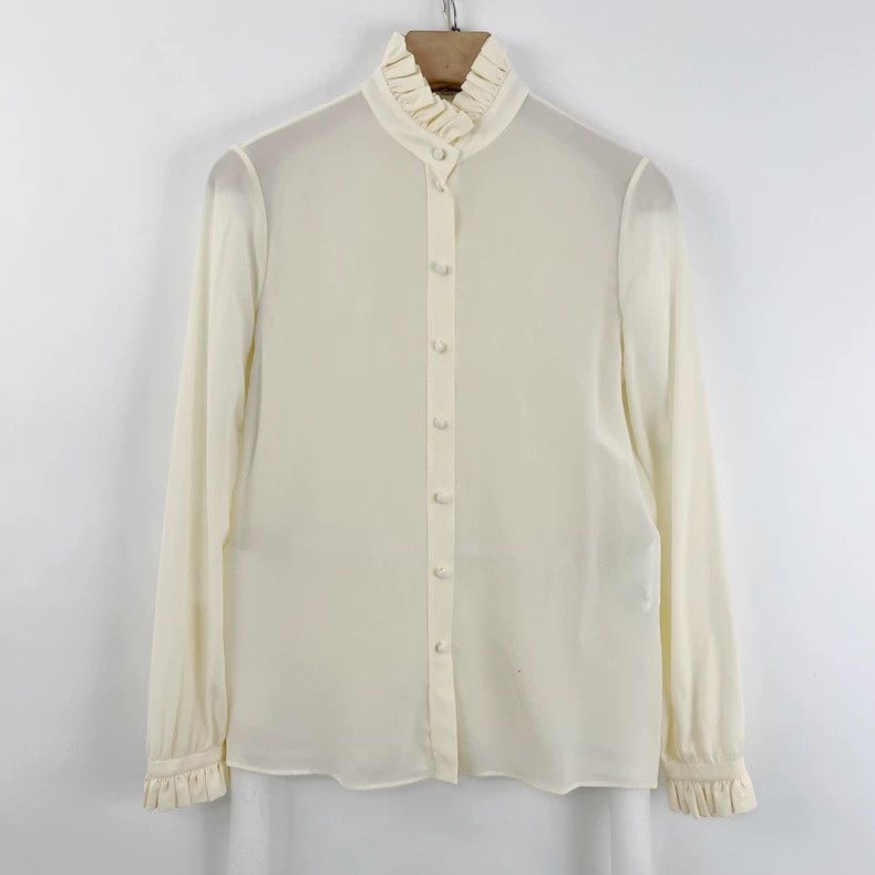 Saint Laurent Paris Saint Laurent ParisLong Sleeve Shirt in Beige with Wood Ea Size XXS / US 00 / IT 34 - 1 Thumbnail