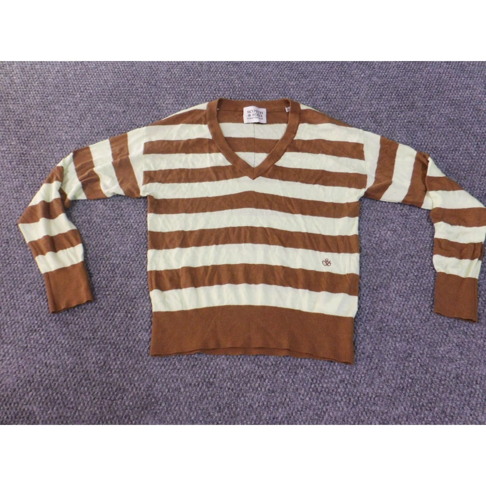 Scotch & Soda Scotch & Soda Sweater Women S Brown Green Striped V-Neck Pullover Knit Long Sleeve Lightweight Vintage: No Size S / US 4 / IT 40 - 2 Thumbnail