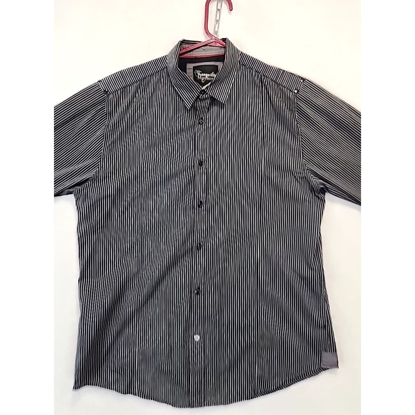Vintage Tranquility Mayhem Men's Black Striped Long Sleeve Button-Up Shirt - L Regular, Fold-Over Flip Cuff, Pocket, All Seasons, Woven Size 42R - 2 Thumbnail