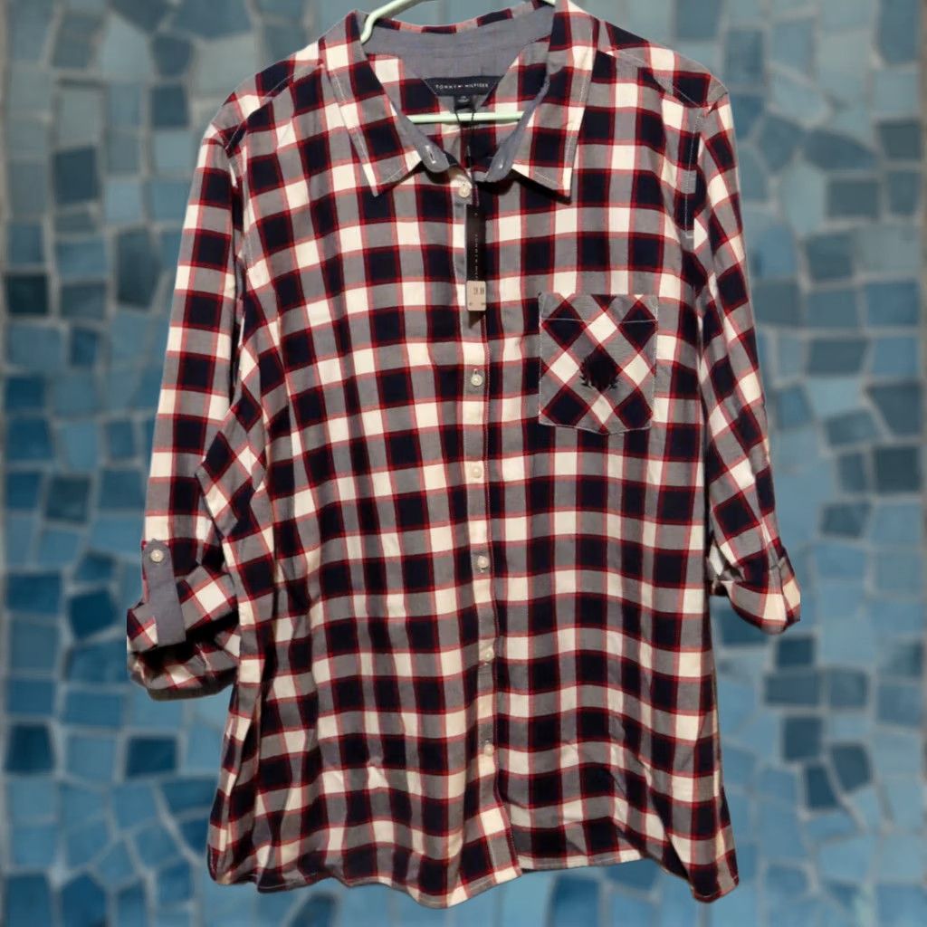 Tommy Hilfiger Tommy Hilfiger Button-Up Shirt Women's Long Sleeve Roll Tab Plaid Red White Blue Logo Pocket Black 2XL Regular Mens? Size XXL / US 16-18 / IT 52-54 - 1 Thumbnail