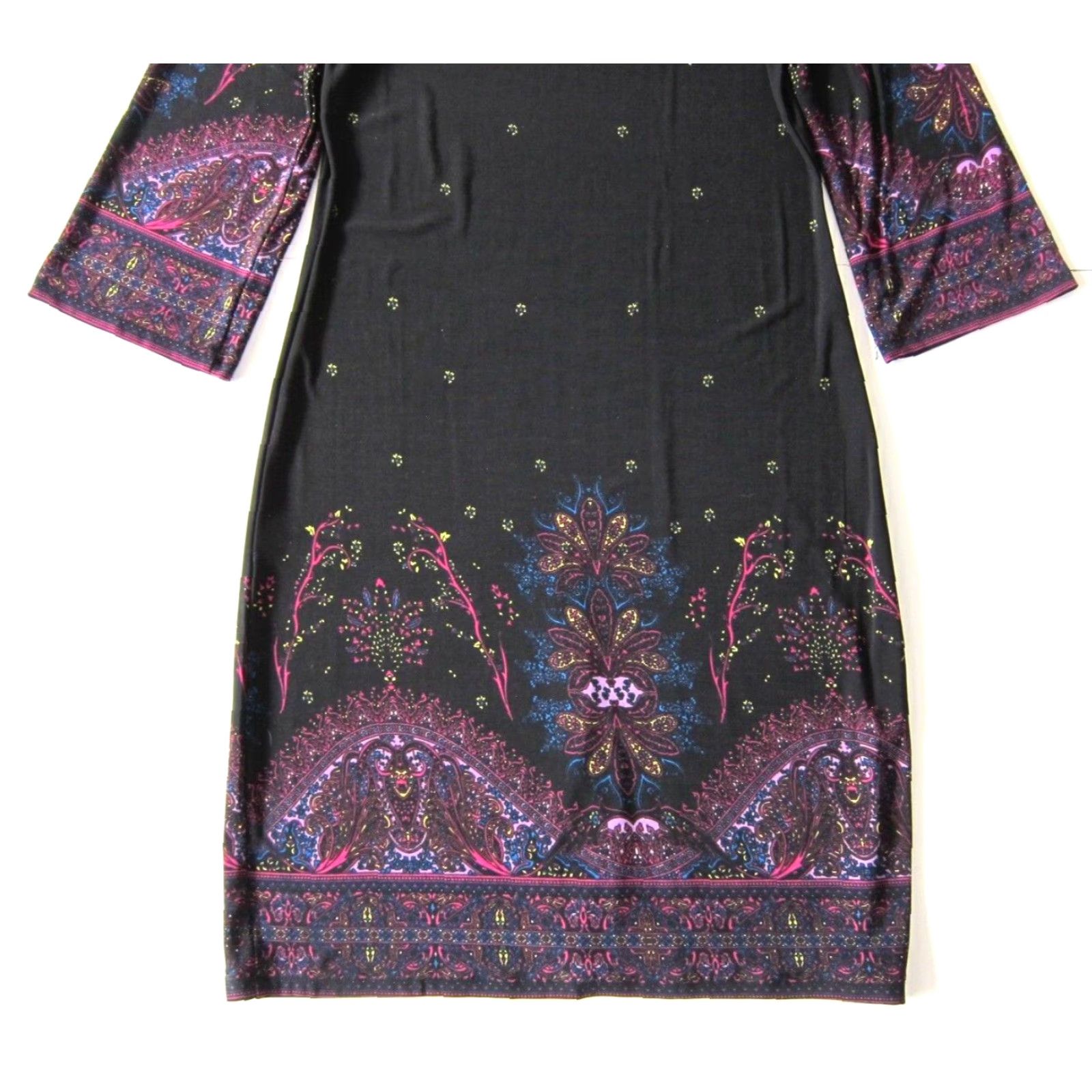 Vintage iCE Purple Black Paisley Floral Stretch 3/4 Sleeve Sheath Shift Tunic Dress 10P Size L / US 10 / IT 46 - 7 Thumbnail
