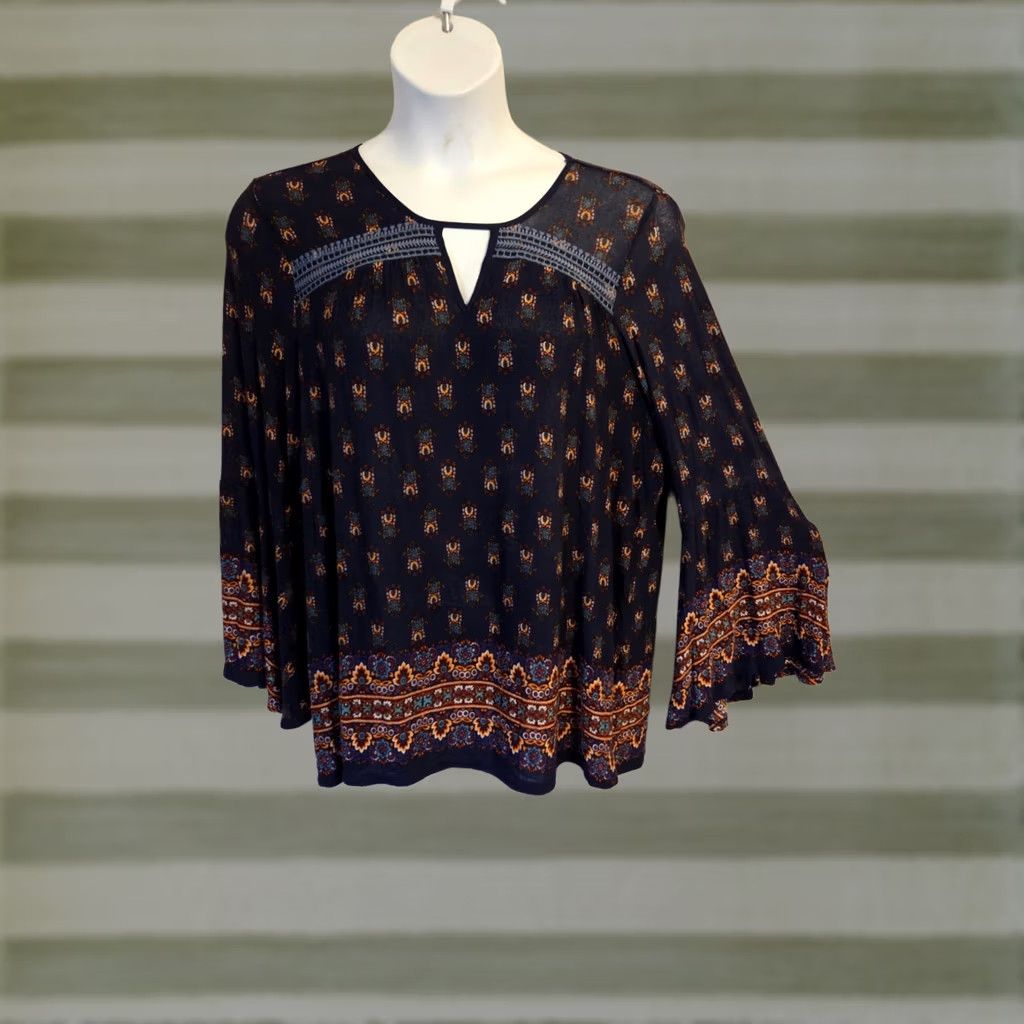Vintage VINTAGE America Blues Navy Blue Embroidered Stretchy Sheer Top Bohemian Hippie XL Blouse Womens Size XL / US 12-14 / IT 48-50 - 1 Thumbnail