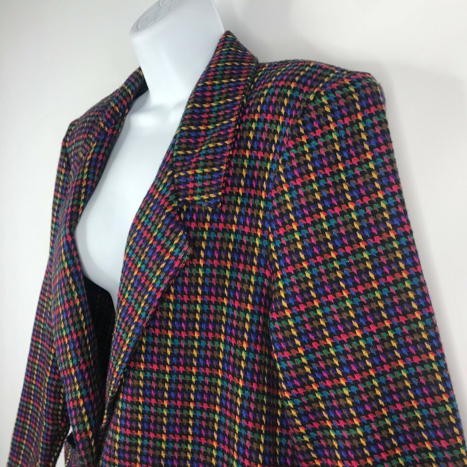 Vintage 80s Blair Rainbow Houndstooth Check Wool Blend Blazer Size XL / US 12-14 / IT 48-50 - 6 Thumbnail