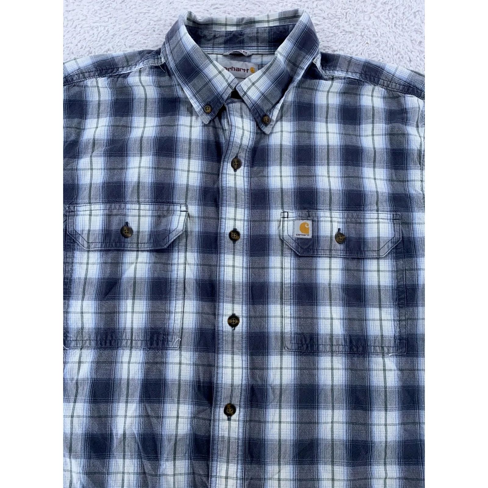 Carhartt Carhartt Work Shirt Mens Large Blue Plaid Button-Up Short Sleeve Workwear Comfort Breathable Cotton Logo Pocket Size US L / EU 52-54 / 3 - 2 Thumbnail