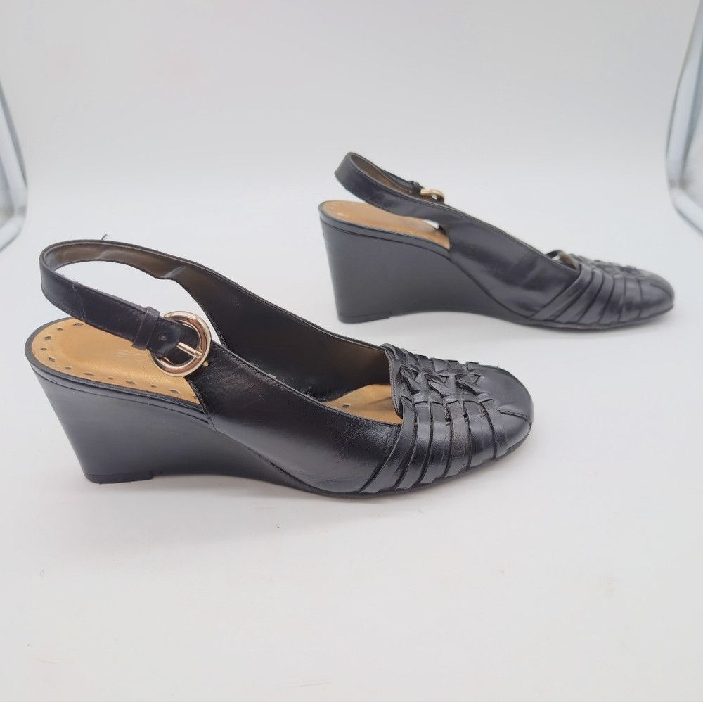 Bcbgmaxazria BCBG Girls Sz 7 Elegant Black Leather Wedge Sandals Slingba Size US 7 / IT 37 - 7 Thumbnail