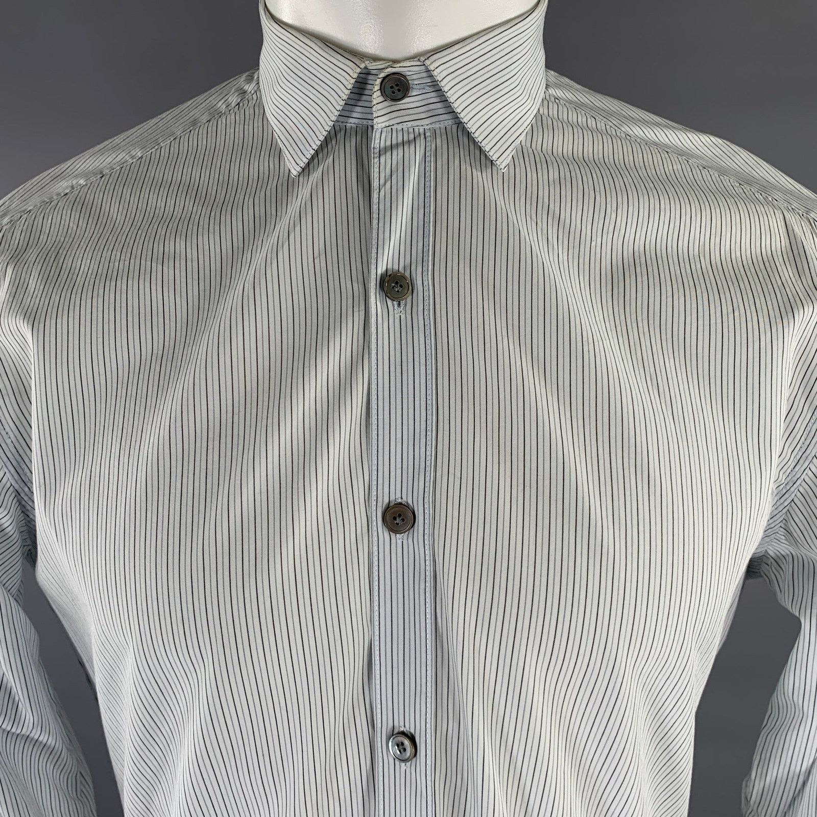 Lanvin LANVIN S Striped Cotton Spread Collar Shirt Light Blue Grey Size US S / EU 44-46 / 1 - 2 Thumbnail