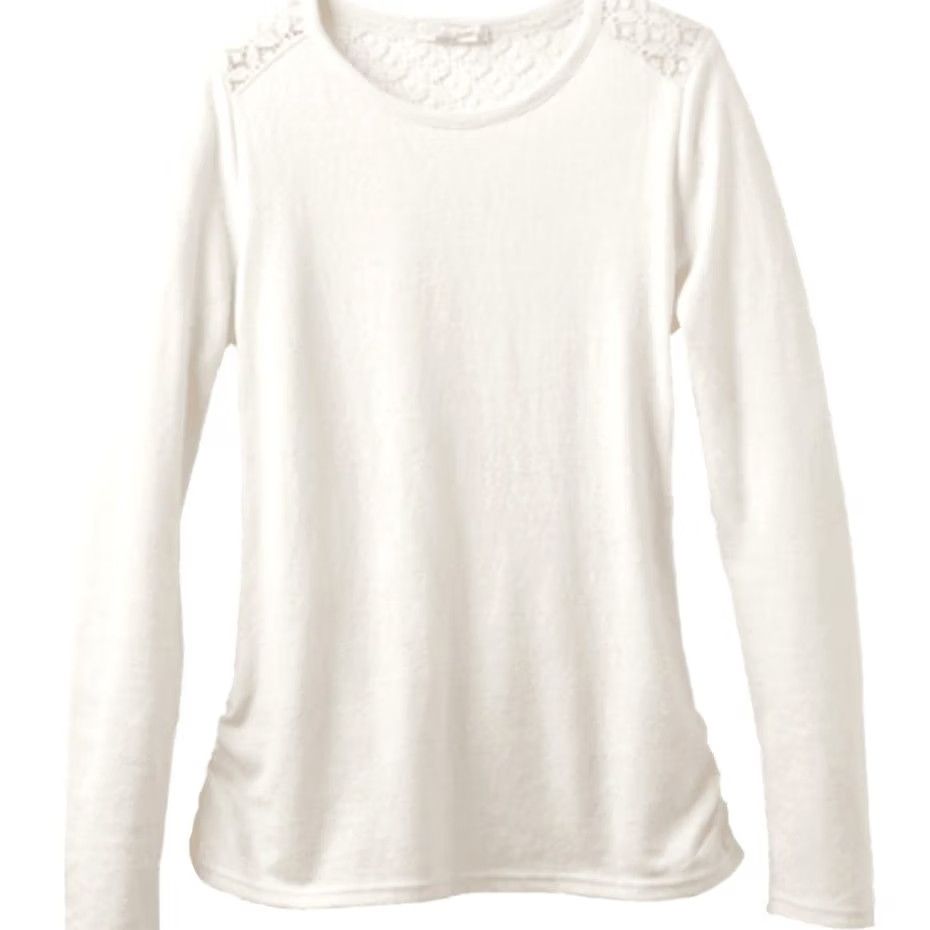 Prana PrAna Isadora Tunic Top Cream Ivory Lace Shoulders Ruched Ballet Neck Womens S Blouse Shirt Size S / US 4 / IT 40 - 3 Thumbnail