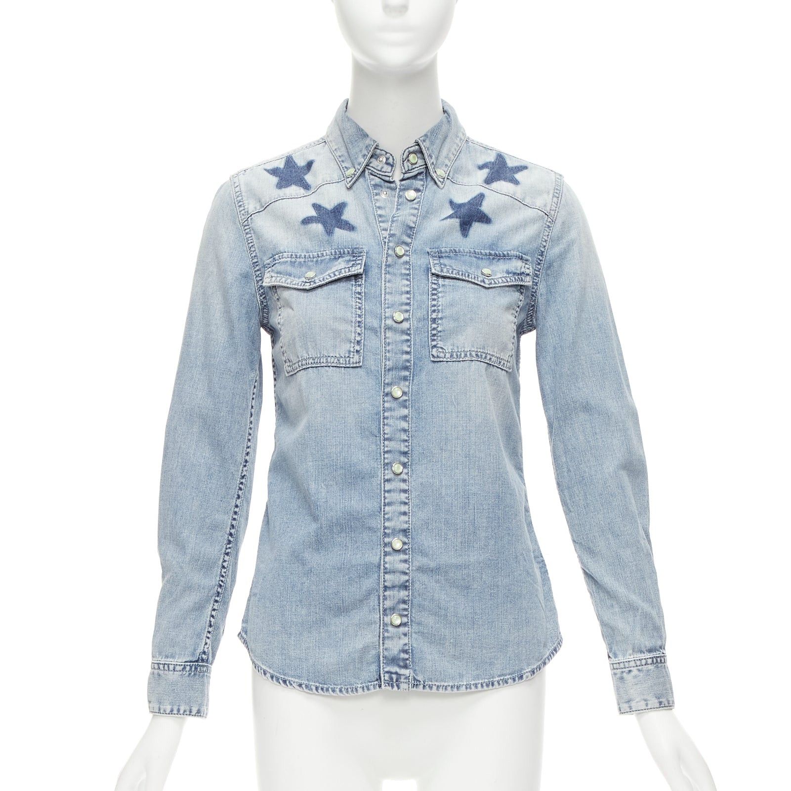 Givenchy GIVENCHY Riccardo Tisci blue distressed denim star collar dress shirt FR36 S Size S / US 4 / IT 40 - 1 Thumbnail