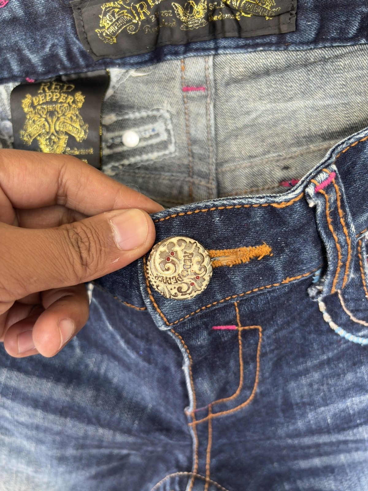 Japanese Brand Red Pepper Union Jack Streetwear Low Flared Distressed Denim Size US 31 - 12 Thumbnail