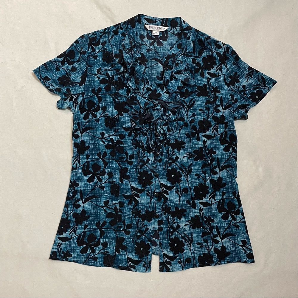 Pendleton Pendleton Silk Blue Black Floral Short Sleeve Blouse Size 1 Size L / US 10 / IT 46 - 6 Thumbnail
