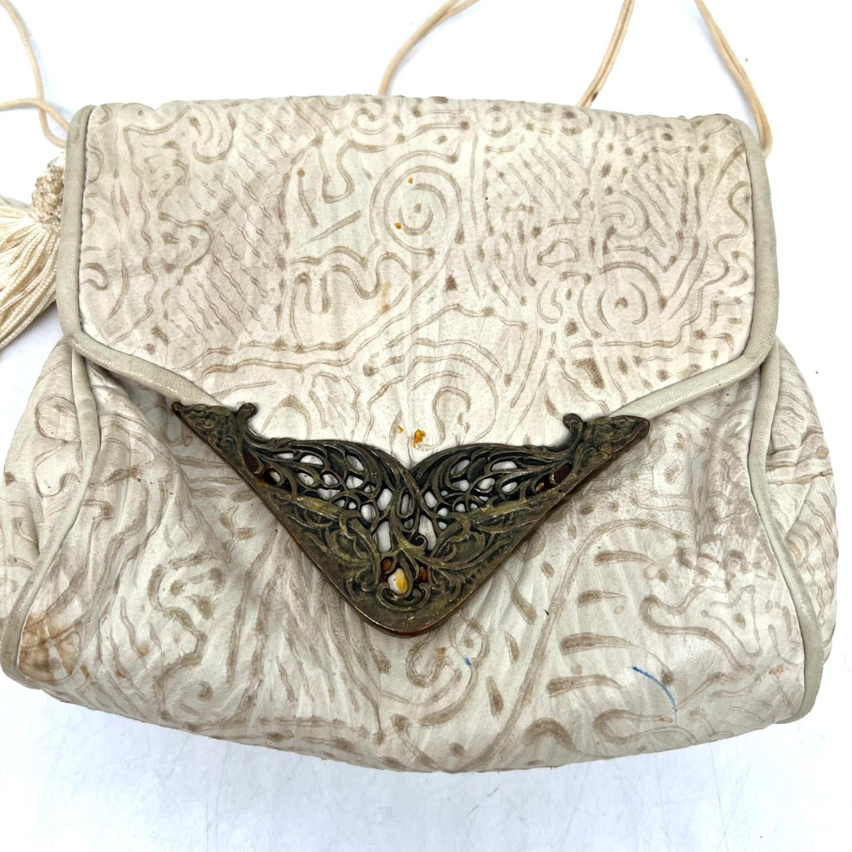 Vintage VINTAGE Crossbody Clutch Purse Beige Small Womens Crossbody Beige Geometric Fringe Faux Leather Snap Gold Hardware Bag 6x7x2 in Size ONE SIZE - 2 Thumbnail