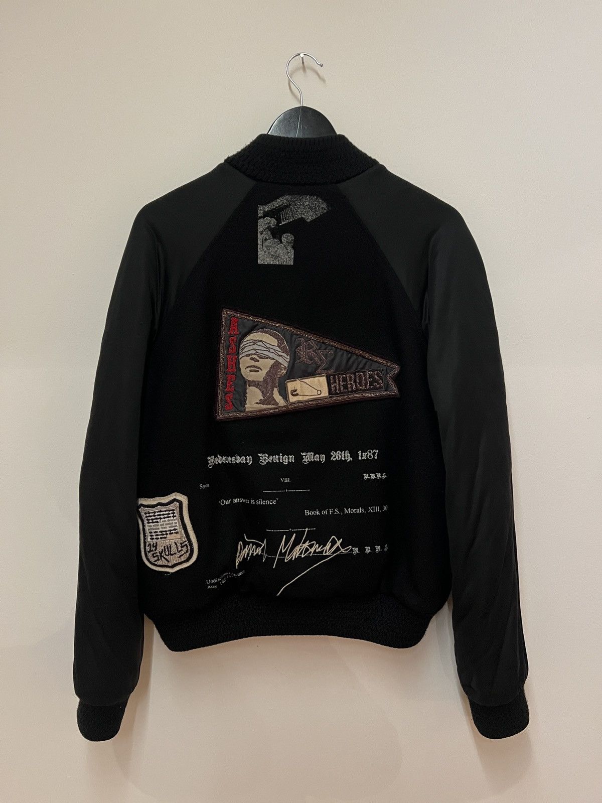 image of Raf By Raf Simons x Raf Simons Ashes Heroes Varsity Bomber in Black, Men's (Size Medium)