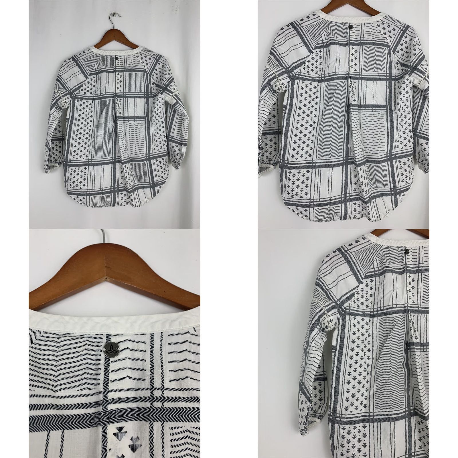Prana prAna Womens Top Blouse Shirt XS Peasant White Gray 3/4 Sleeve V-Neck Knit Cotton Casual Size XS / US 0-2 / IT 36-38 - 8 Thumbnail
