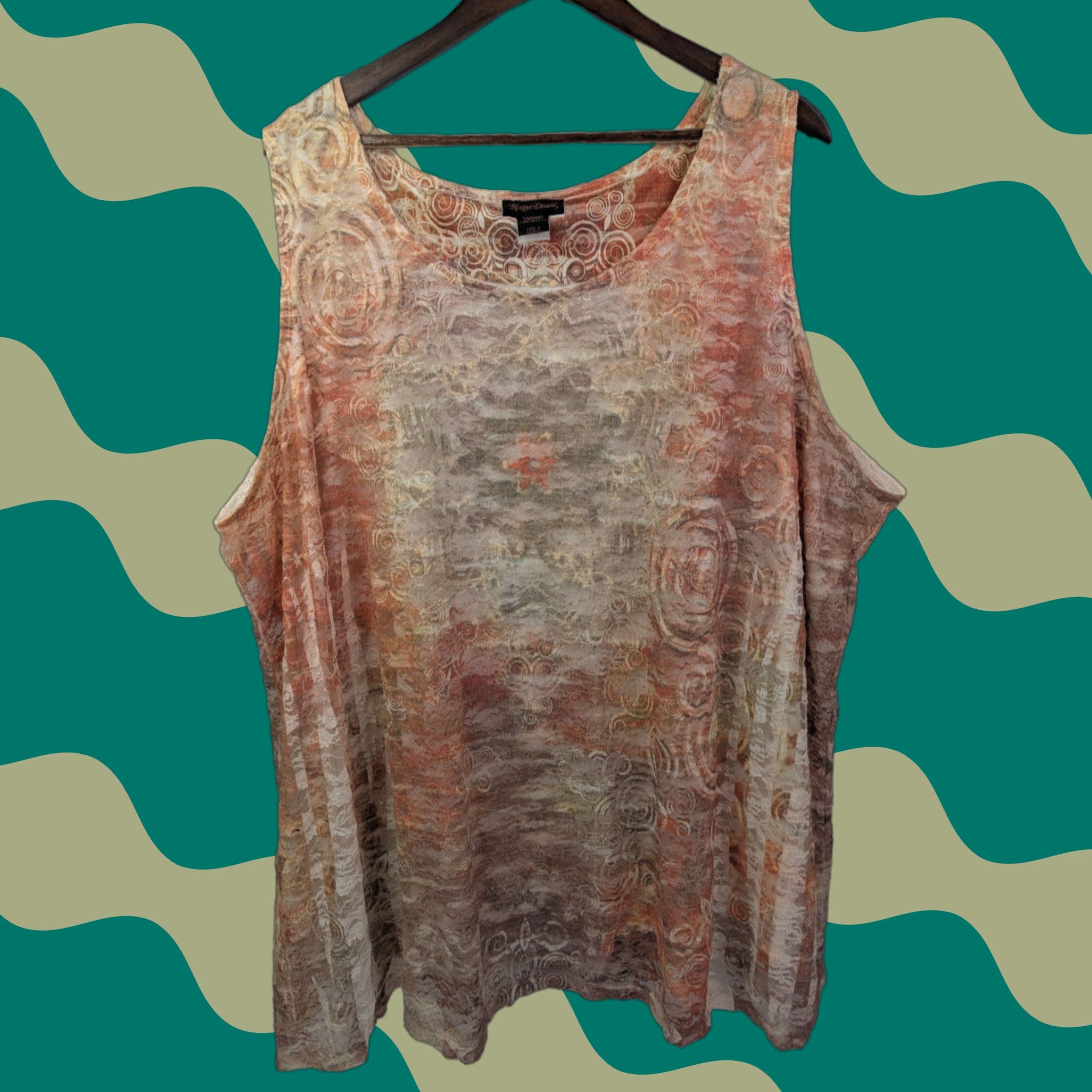 Vintage Maggie Barnes Blouse Tank Sleeveless Knit Nylon Polyester Spandex Orange Paisley 4X Plus Women Size XXL / US 16-18 / IT 52-54 - 1 Thumbnail
