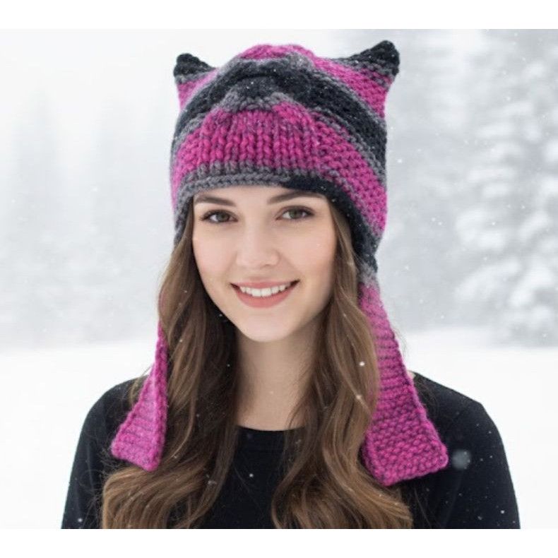 Other ⭐Womens Handmade Pink Cat Ear Beanie Hat Soft Knit Purple Wi Size ONE SIZE - 1 Thumbnail