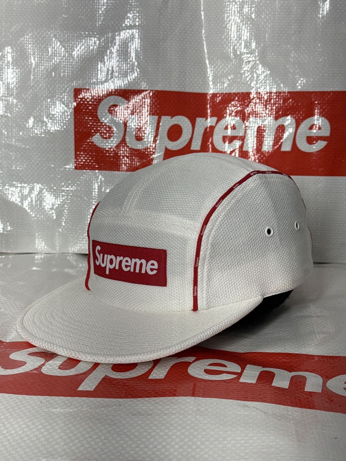 image of Supreme Pique Piping Camp Cap Ss 19 in White, Men's