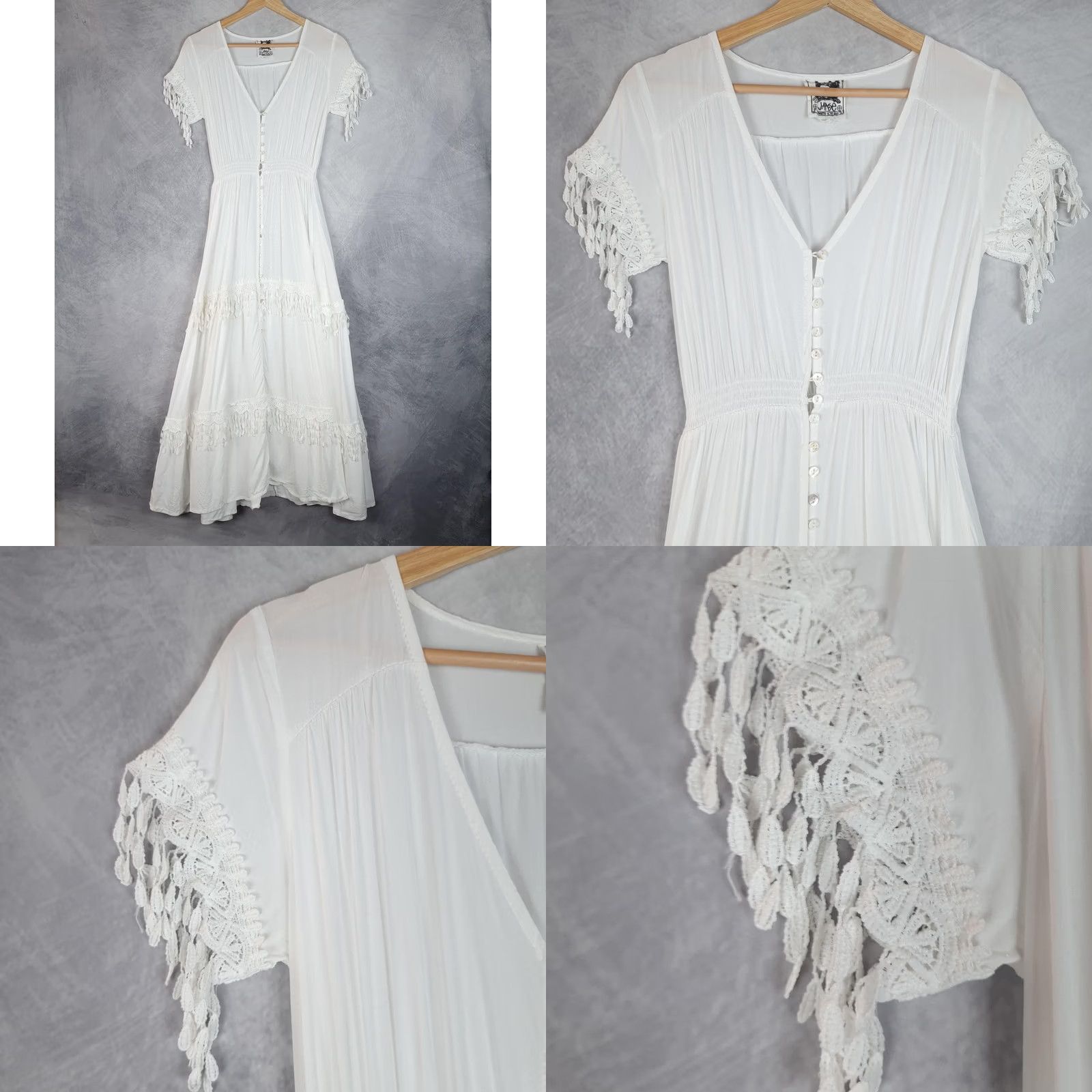 Vintage Jaase Dress Womens XS White Boho Maxi Button Front Smocked Tassel Fringe Size XS / US 0-2 / IT 36-38 - 8 Thumbnail
