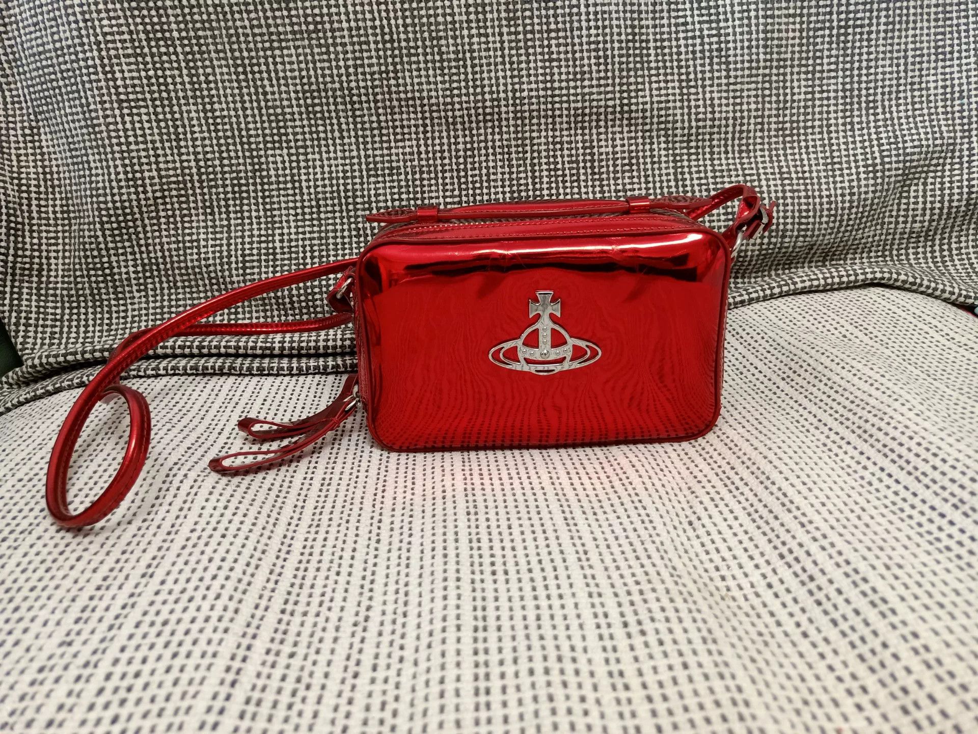 Red Patent Leather Saturn Logo Crossbody Bag