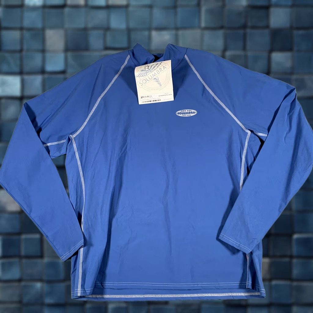 Vintage Solumbra Shirt Mens XL Ocean Blue Mock Neck Long Sleeve SPF 30+ Surf Sun Protection Pullover Raglan Sleeve T-Shirt Nylon Spandex Size US XL / EU 56 / 4 - 1 Thumbnail