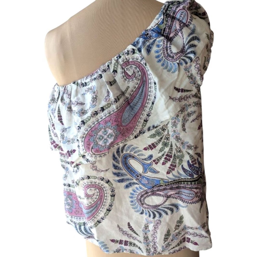 Loft LOFT One Shoulder Linen Blend Paisley Blouse White Blue Pink Womens S Ruffle Sleeveless Casual Bohemian Women’s Shirt Size S / US 4 / IT 40 - 2 Thumbnail