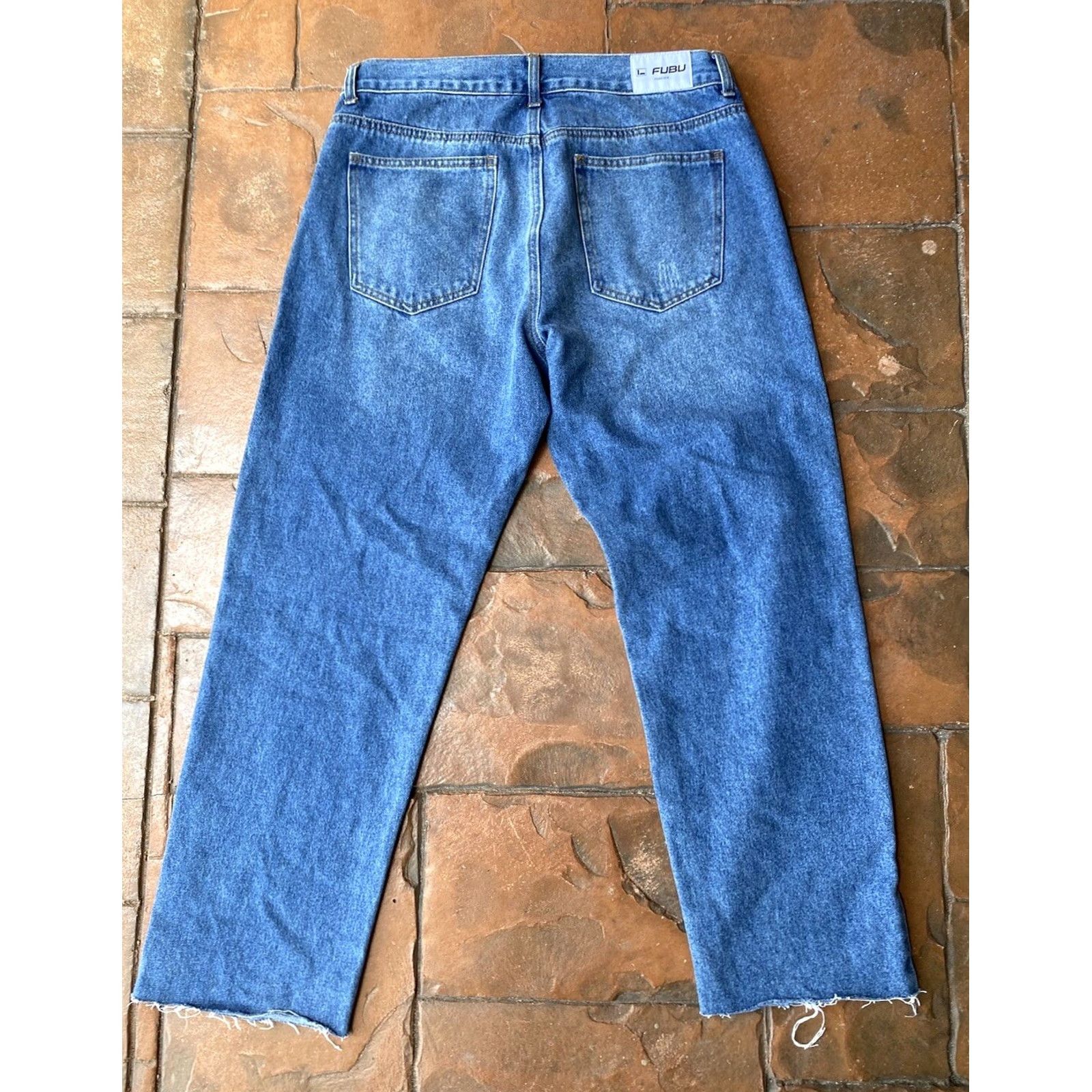 Fubu FUBU x Forever 21 Baggy Jeans Men 32 Denim Blue Patch Work Straight Leg 28.5 Inseam 32x28.5 Size US 33 - 3 Thumbnail
