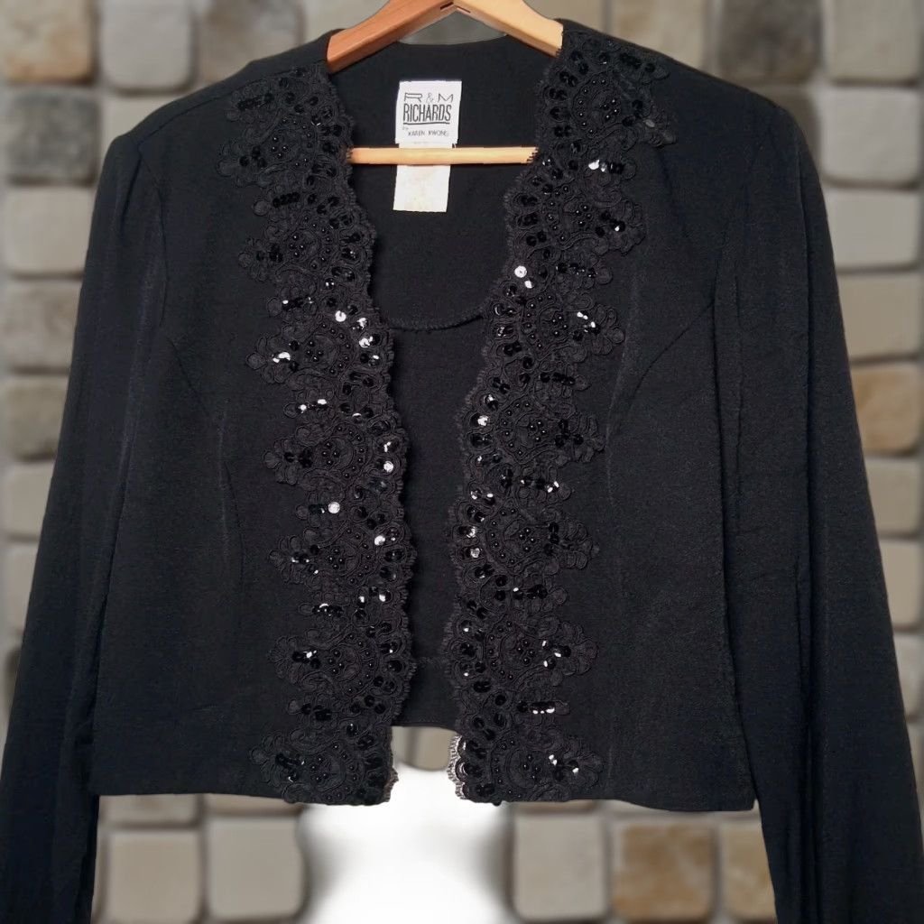Vintage VINTAGE R & M Richards Bolero Shirt Size 10 Black Cropped Lace Sequins Beads Long Sleeve Open Front Dressy Special Event US Made Women Size L / US 10 / IT 46 - 1 Thumbnail