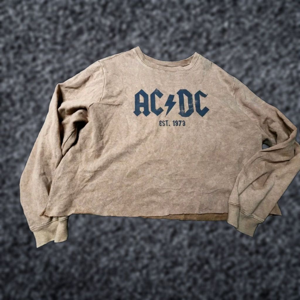 Vintage AC/DC Cropped Sweatshirt Shirt Brown Tie Dye Womens XL Long Sleeve Relaxed Fit Rock Music Cotton Blend Size XL / US 12-14 / IT 48-50 - 1 Thumbnail