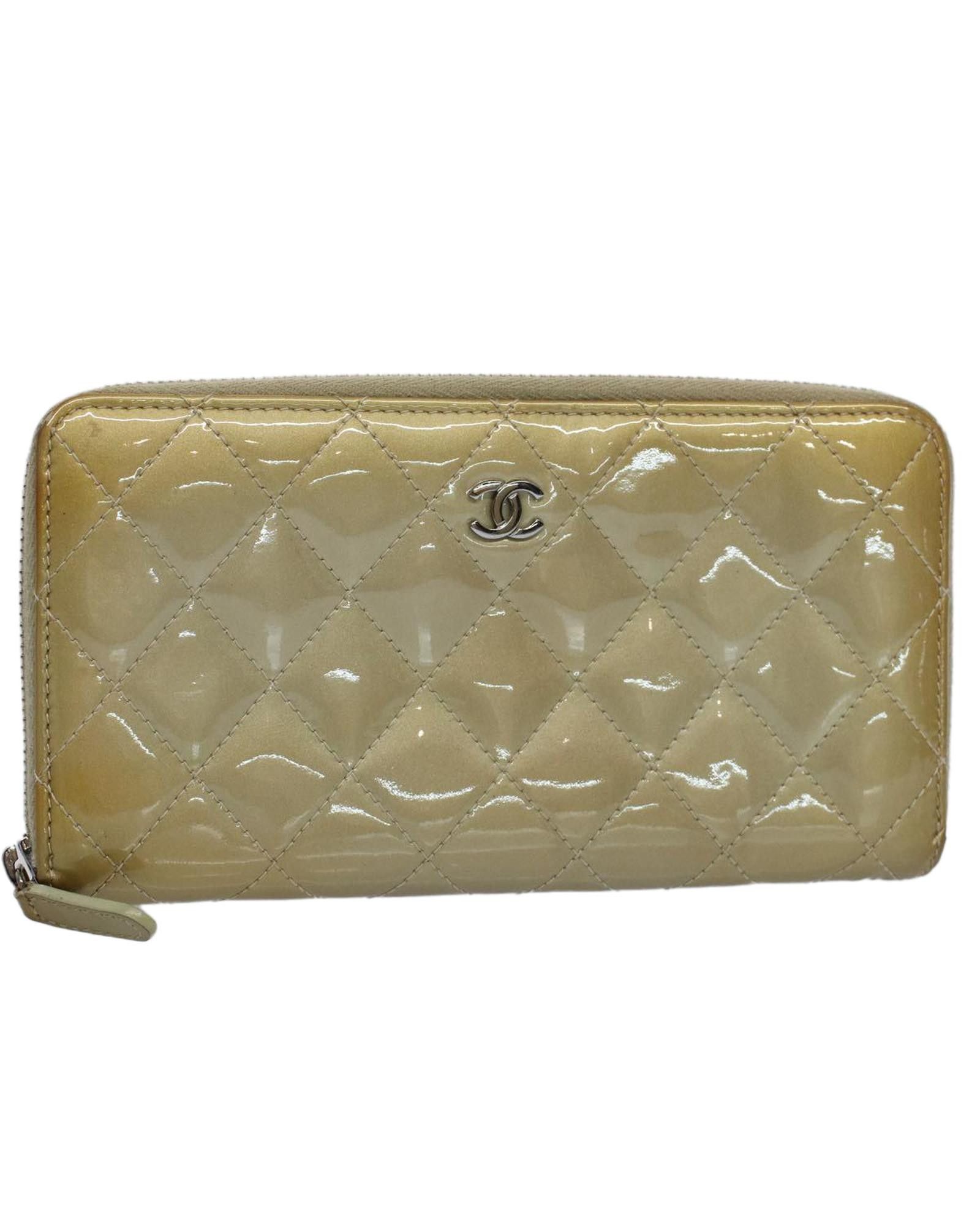 image of Chanel Gold Tone Patent Leather Matelasse Long Wallet, Women's