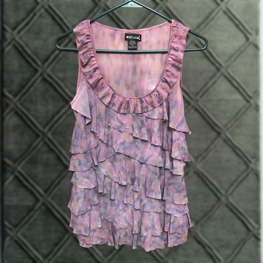 Vintage Wet Seal Tank Juniors M Purple Sheer Ruffle Nylon Spandex Sleeveless Tank Top Woman/Women Casual Party/Cocktail 1257 Size M / US 6-8 / IT 42-44 - 1 Thumbnail