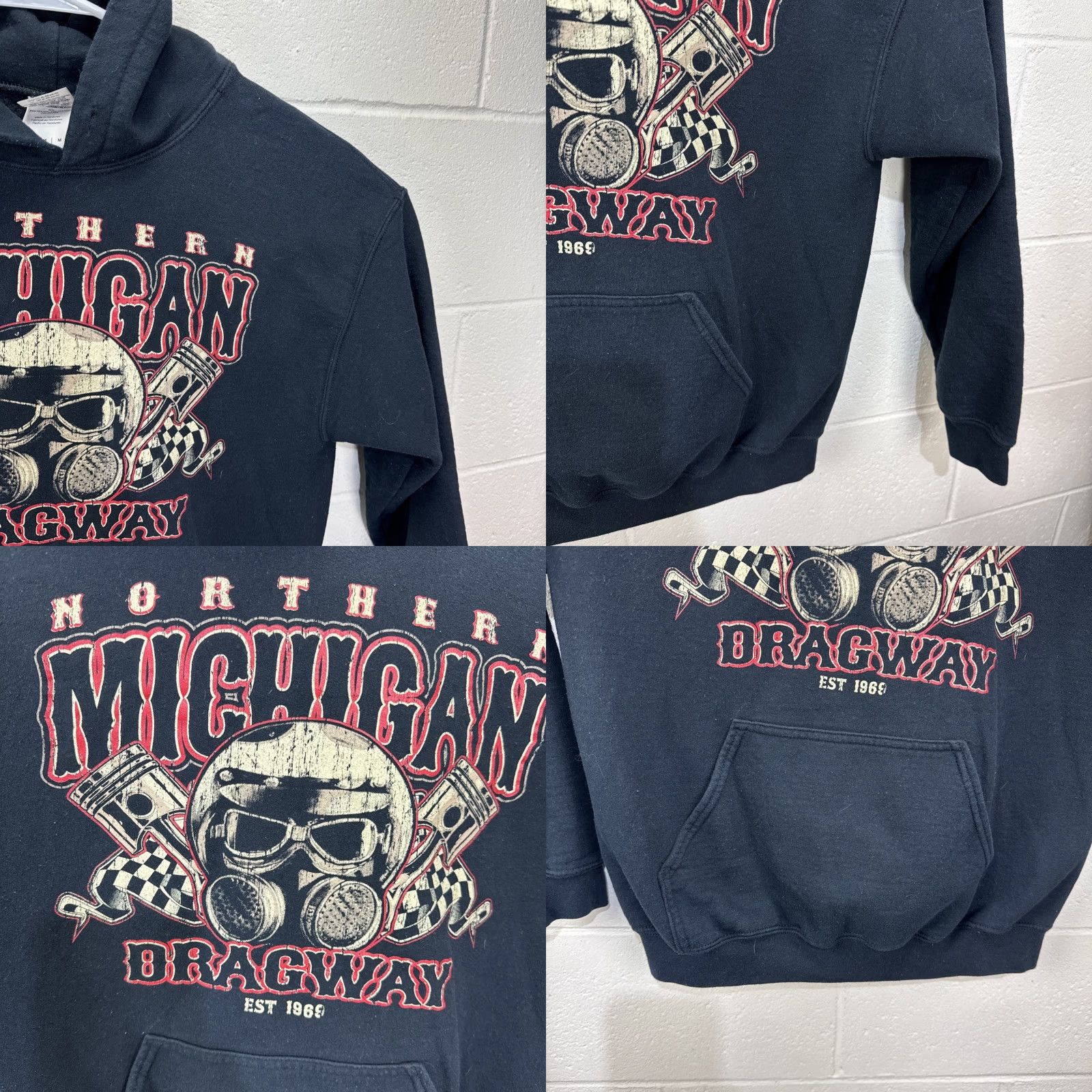 Gildan Vintage NORTHERN MICHIGAN DRAGWAY HOODIE NMDRAGWAY Gas Mask Checkered Flag M Size US M / EU 48-50 / 2 - 8 Thumbnail