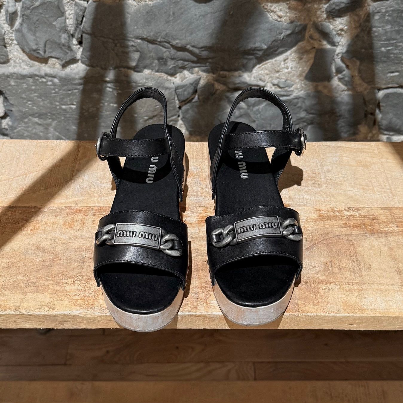 Miu Miu Miu Mu Black Leather Wood Clogs Studded Sandals Size US 7 / IT 37 - 3 Thumbnail