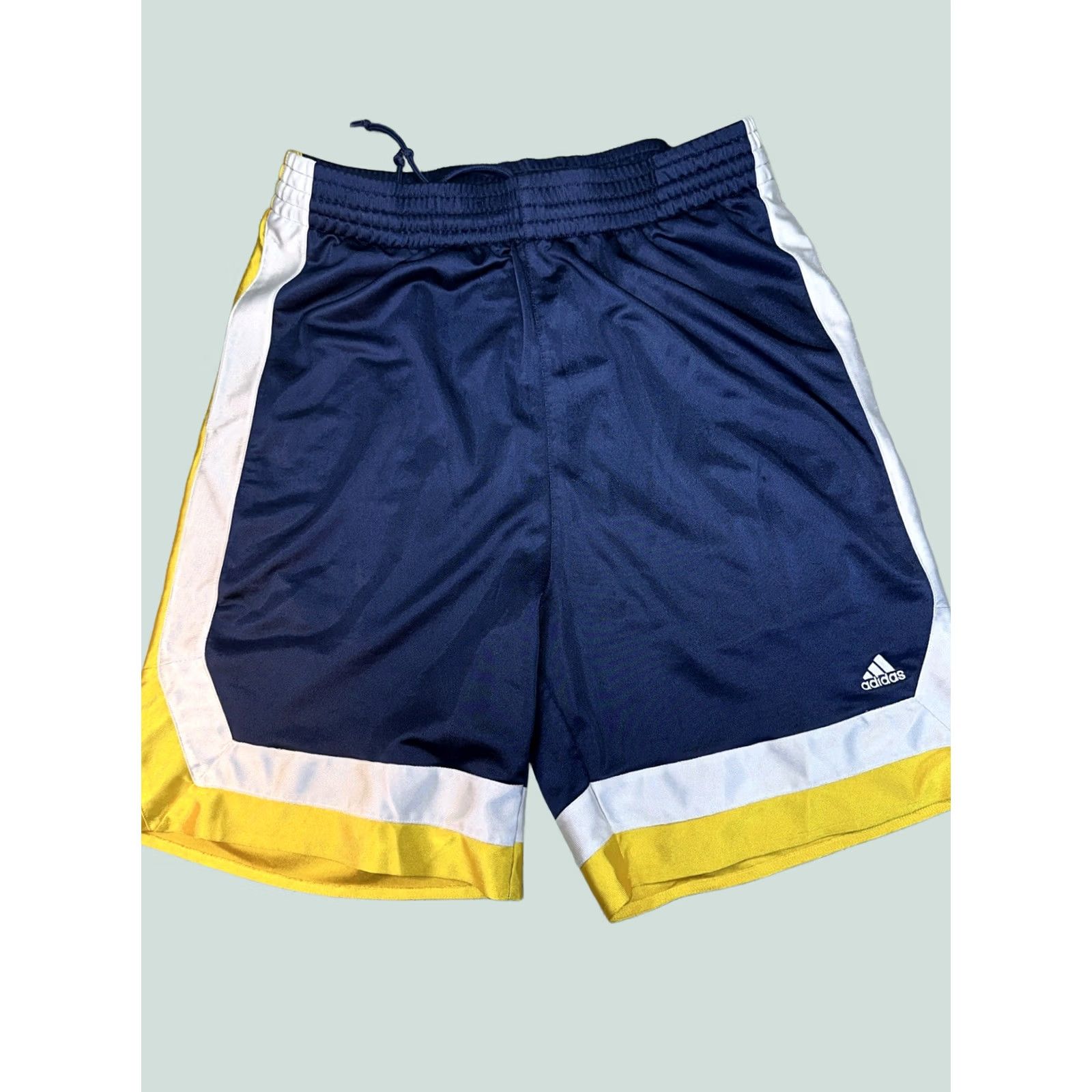 Adidas VINTAGE adidas Basketball Shorts Men L Blue Gold Satin Pockets Athletic Size US 33 - 1 Thumbnail