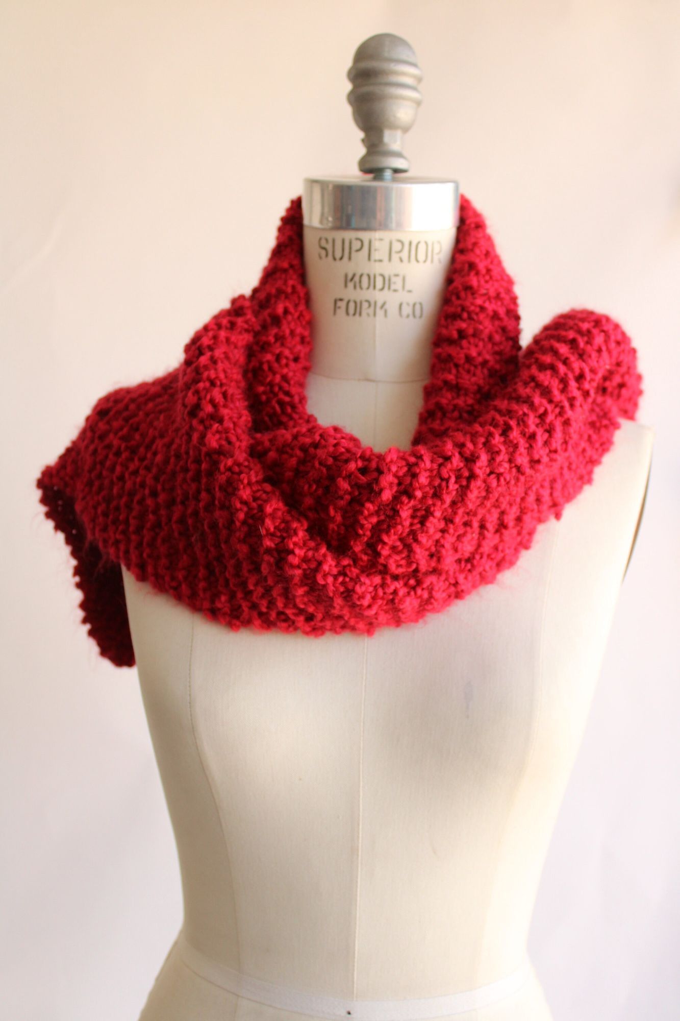 Handmade Knit Scarf, Chunky Red Boucle Yarn, "Crimson" OOAK One Of A Size ONE SIZE - 5 Thumbnail