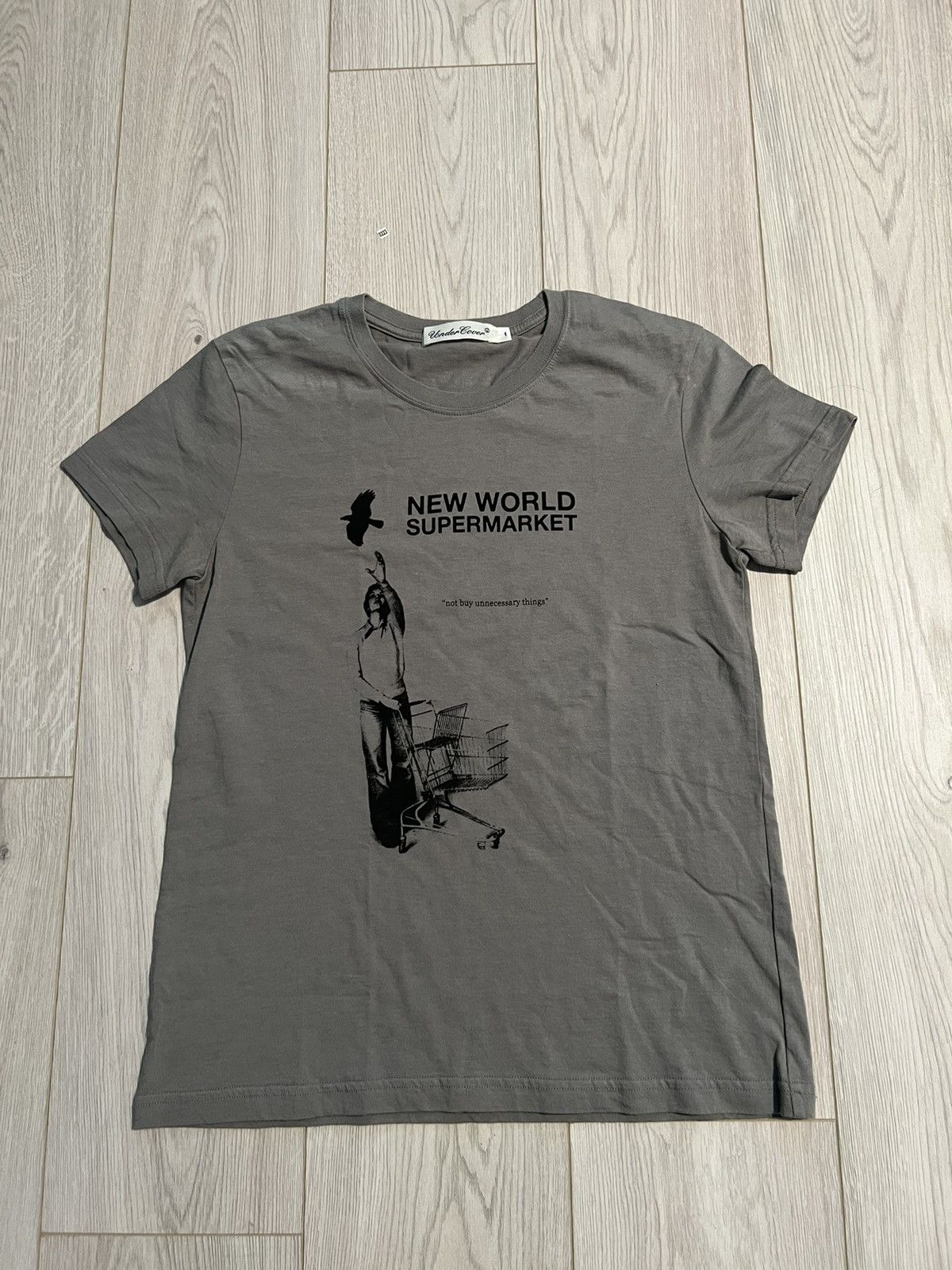 image of Undercover New World Supermarket T-Shirt in Grey, Men's (Size Small)