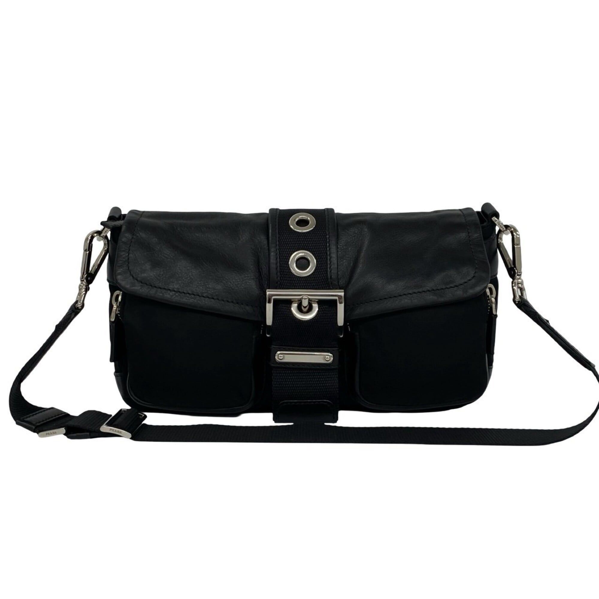 Prada Triangle Logo Hardware Leather Tessuto Nylon Semi Shoulder Bag Handbag Black 32712, Women's