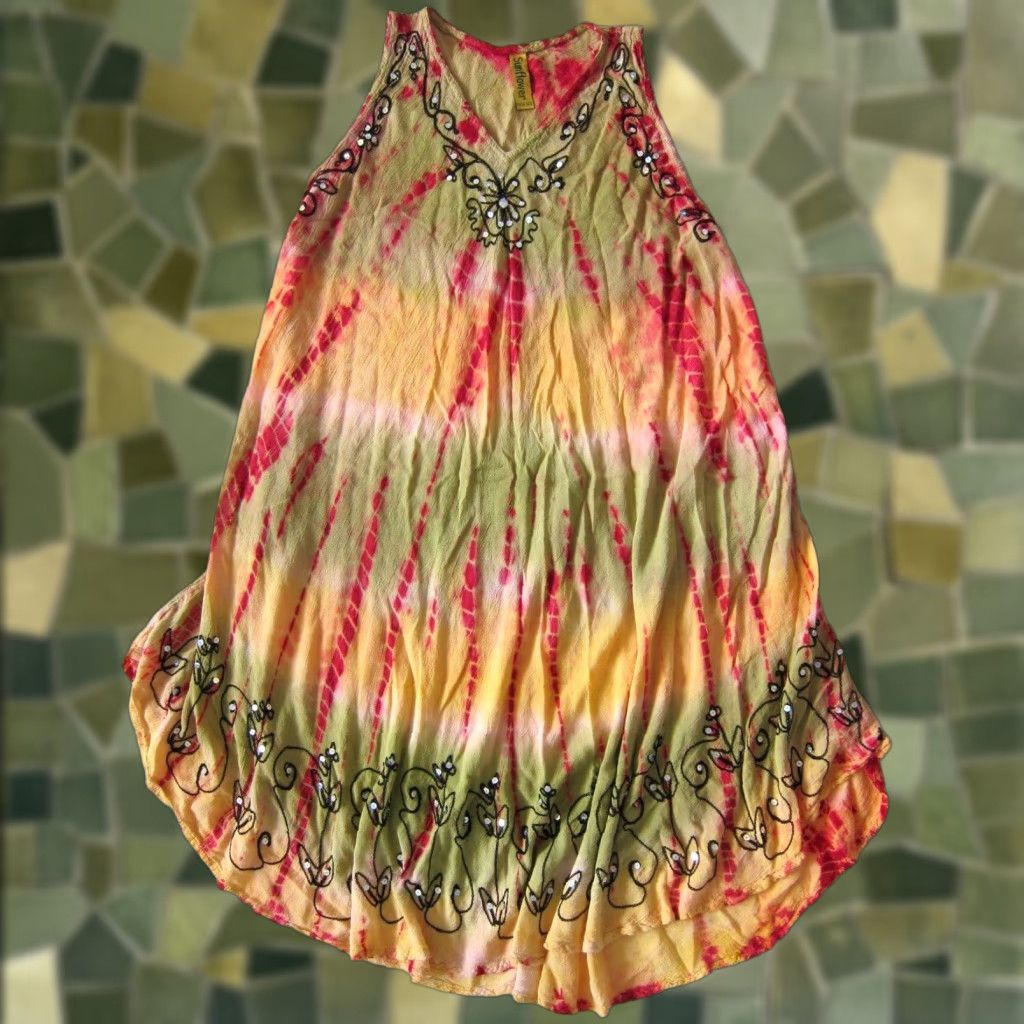Sunflower VINTAGE Sunflower Tank Dress OS 100% Crinkle Rayon Yellow Pink Embroidered Tie Dye Hippy Dress Womens Size ONE SIZE - 1 Thumbnail