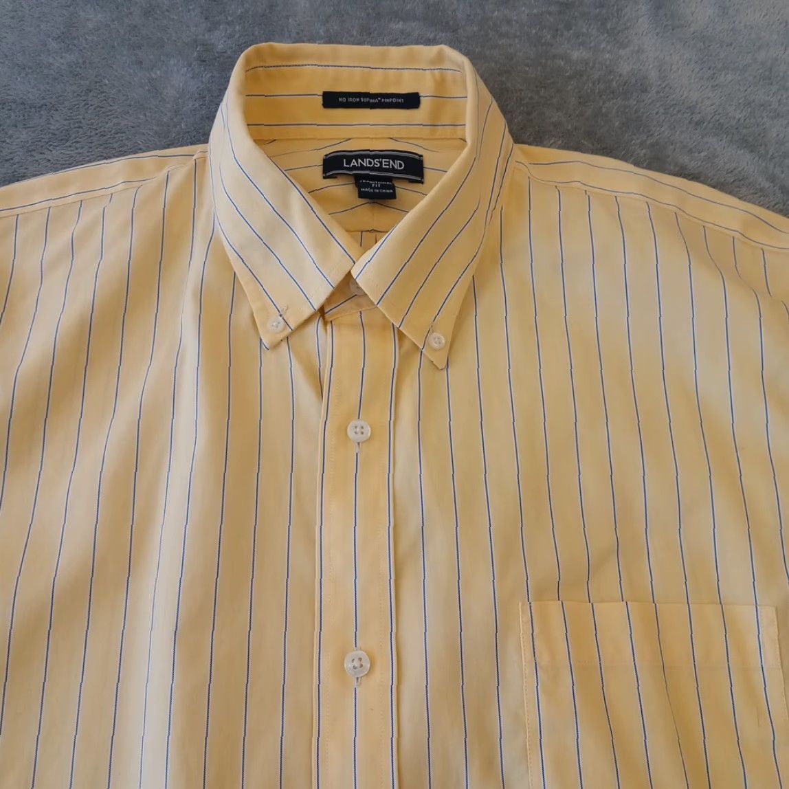 Lands' End Lands' End Shirt Mens 17 Yellow Blue Striped Long Sleeve Button-Down Dress Shirt Mens Regular Size 17 Yellow Striped Vintage No Size US XL / EU 56 / 4 - 3 Thumbnail