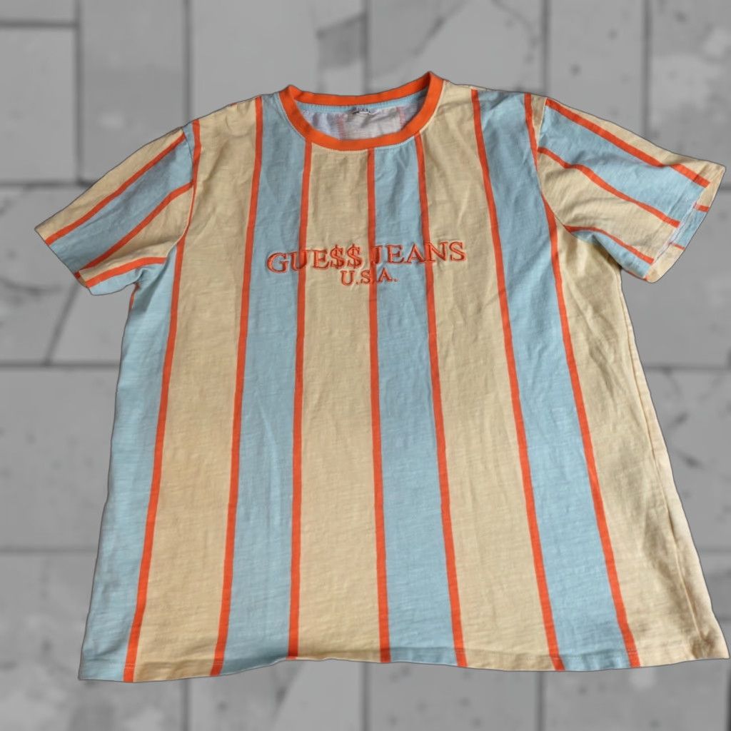 Guess x A Rocky Shirt XL Blue Yellow Striped Embroidered