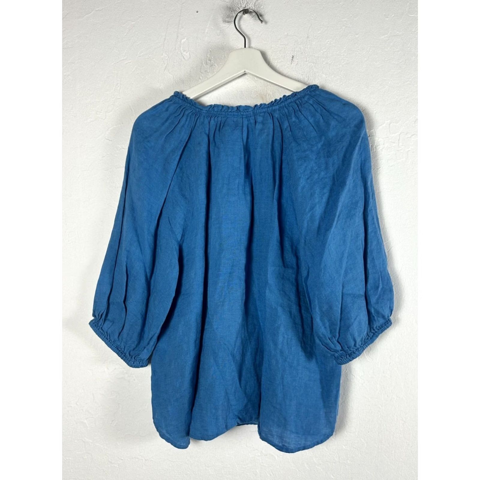 J. Jill J. Jill Love Linen Womens V-Neck Ruffle Trim 3/4 Sleeve Top Blouse Medium Blue Size M / US 6-8 / IT 42-44 - 2 Thumbnail