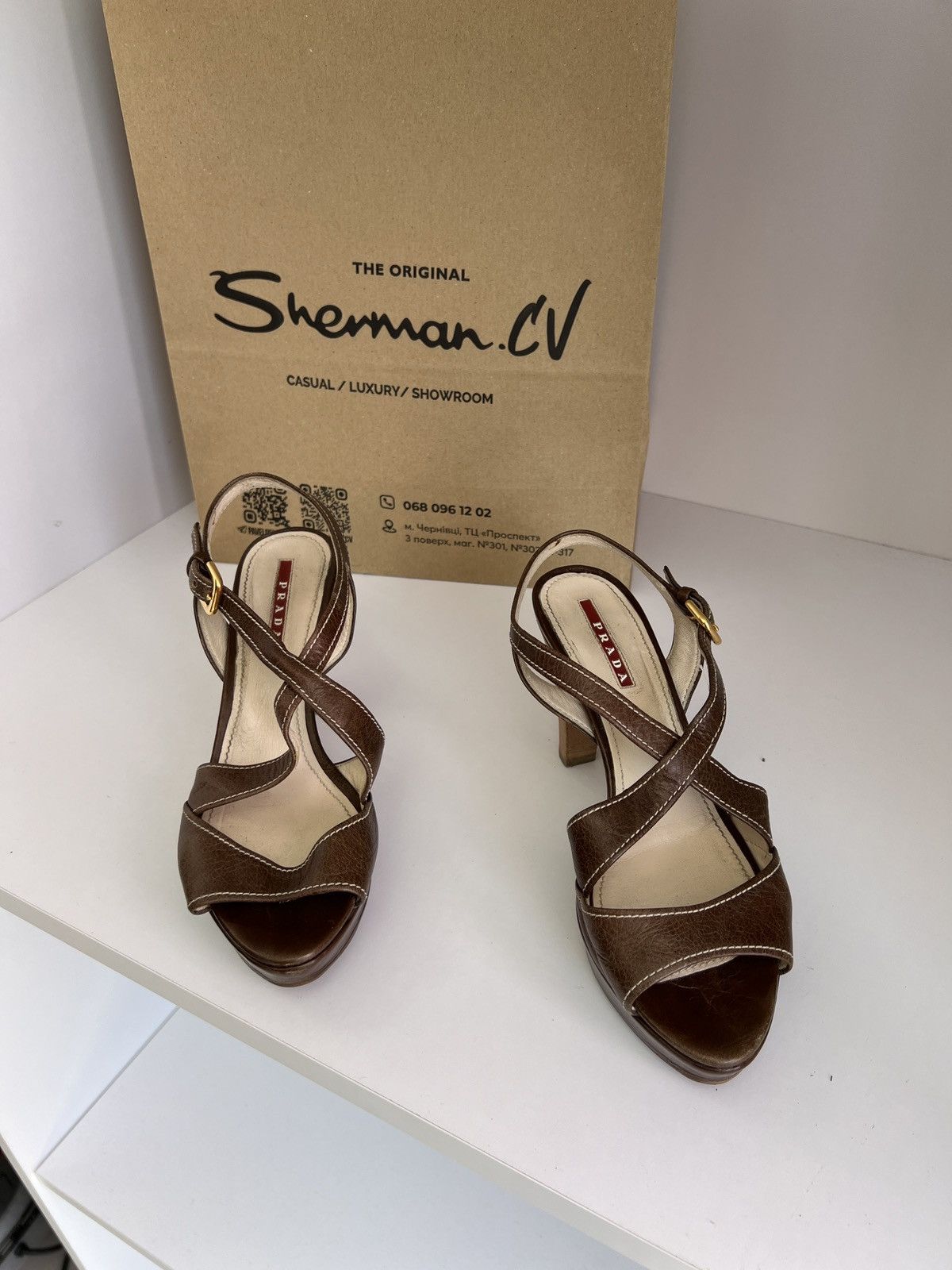 Prada × Vintage Vintage PRADA BROWN LEATHER STRAPPY PLATFORM HEELS SANDALS Size US 7 / IT 37 - 9 Thumbnail