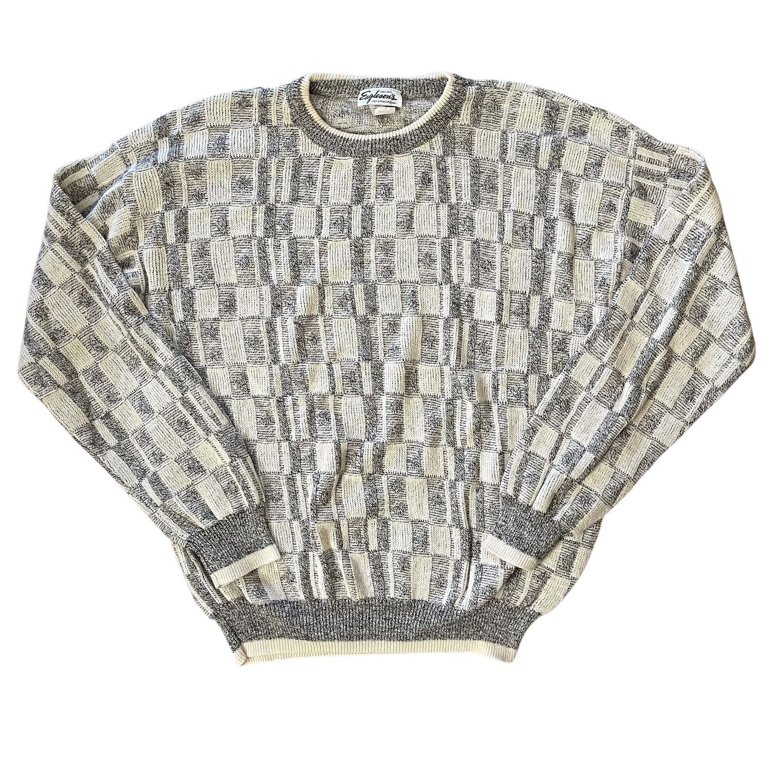 Vintage Vintage Eagleson's Checkered Gray Ivory-White Cotton Sweater Size US XL / EU 56 / 4 - 1 Thumbnail