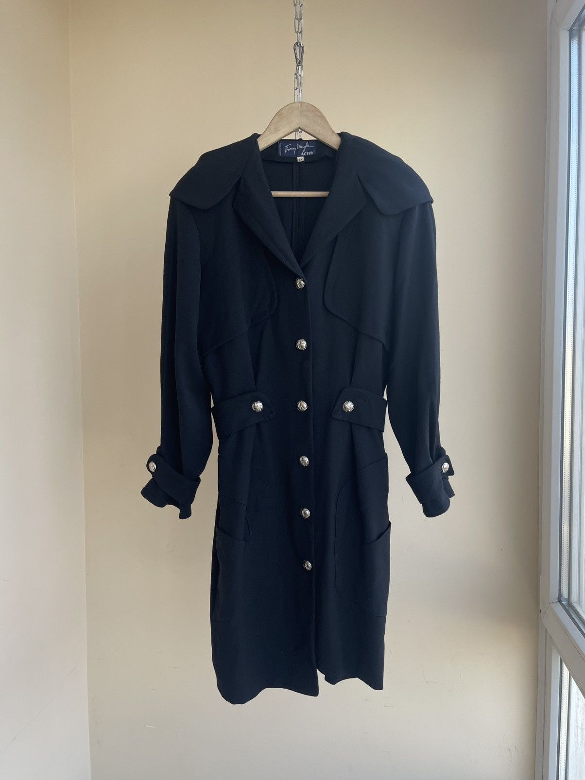 Thierry Mugler Activ Sculptural Fitted Button Wool Hooded Coat Vintage 80s Size L / US 10 / IT 46 - 1 Thumbnail