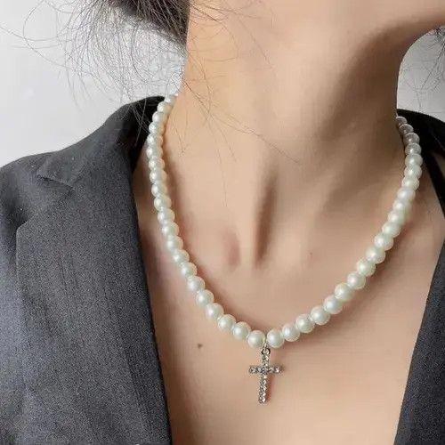 Japanese Brand × Vintage Punkrock Diamond Cross Glitter Pearls Necklace Chain Size ONE SIZE - 1 Thumbnail