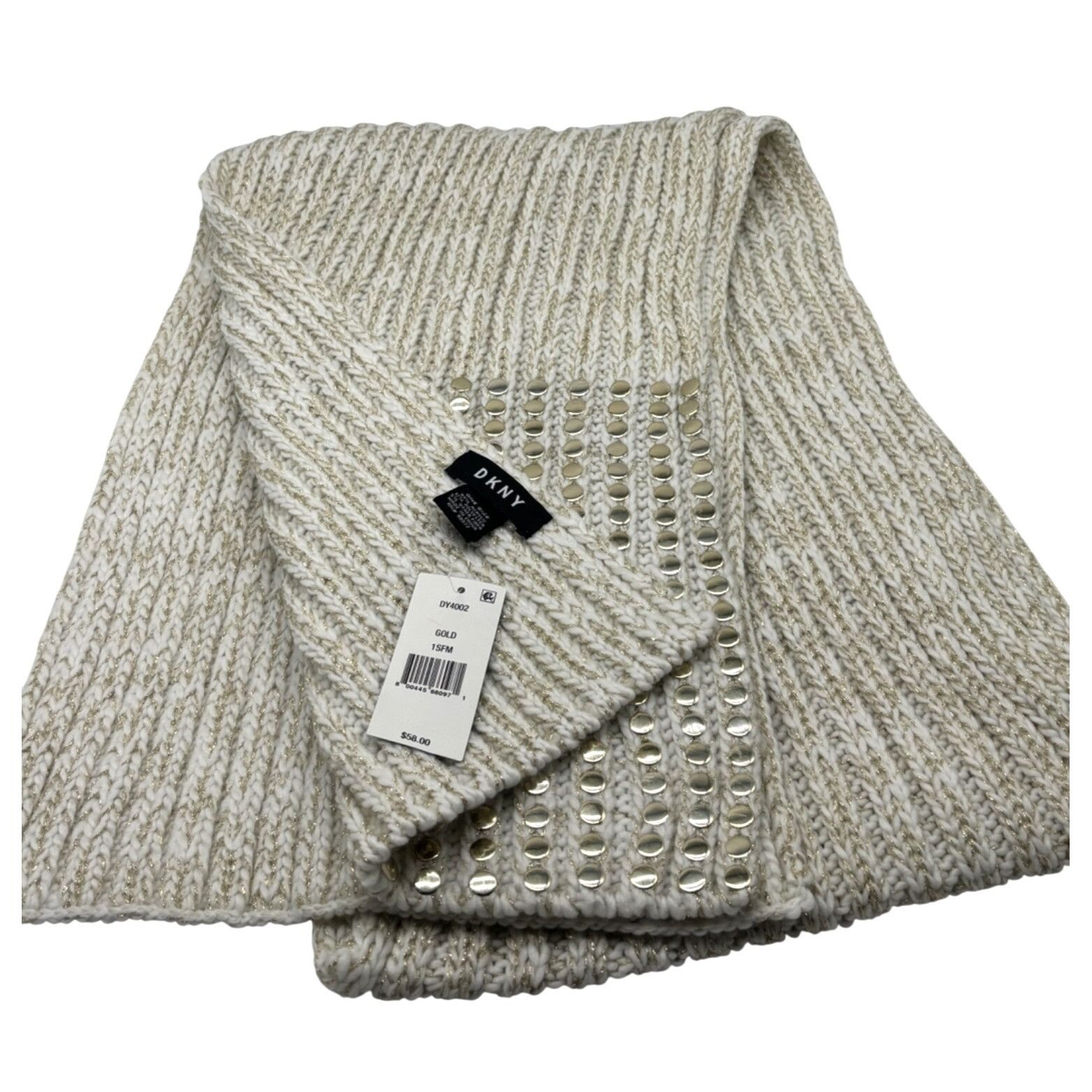 DKNY DKNY Flat-Stud Metallic Rib-Knit Scarf, Ivory/Gold Size ONE SIZE - 4 Thumbnail