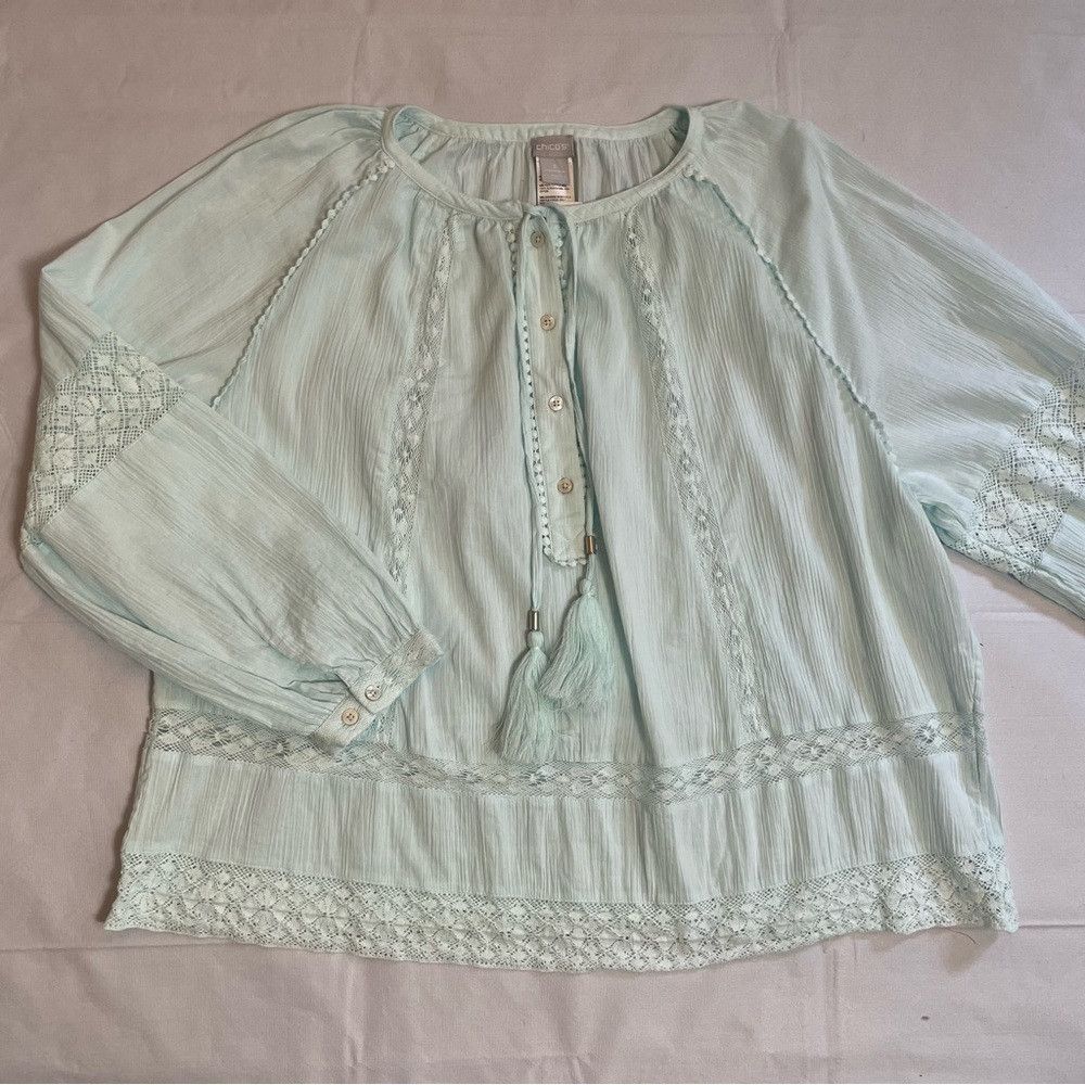 Chicos NWT New Chico's Mint Cotton Crochet Trim Tassel Long Sleeve Size XL / US 12-14 / IT 48-50 - 9 Thumbnail