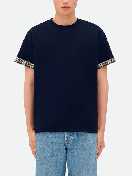 Bottega Veneta o1orln1125 Double Layer Checked Cotton T-Shirt in Blue Size US XL / EU 56 / 4 - 2 Thumbnail
