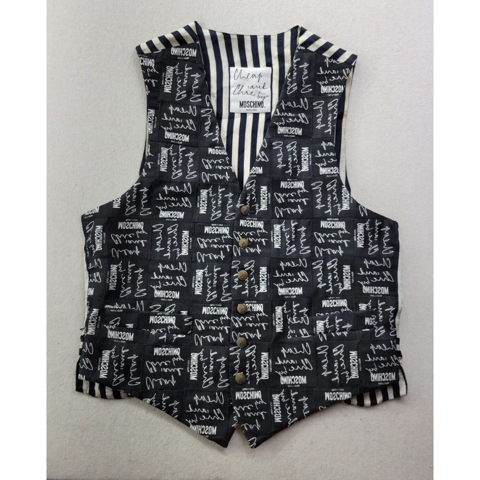 image of Vintage 90's Moschino Cheap & Chic Men's M Patchwork Spellout Vest Pockets Italy in White (Size Med