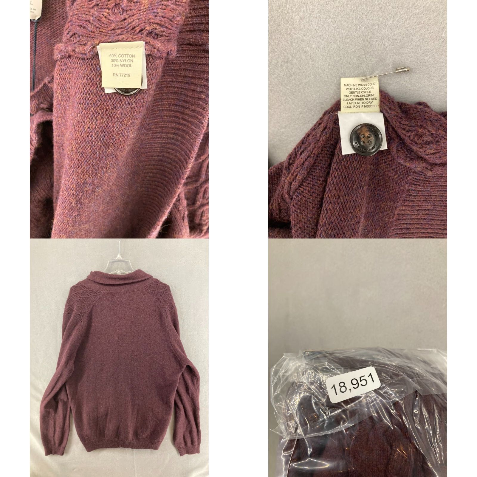 Joseph Abboud Joseph Abboud Mens Cardigan Sweater NWT Burgundy Large Cable-Knit V-Neck Wool Blend with Pockets Size US L / EU 52-54 / 3 - 8 Thumbnail