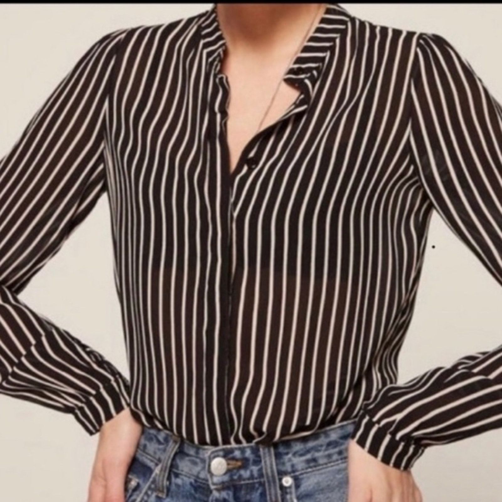 Reformation Reformation Arlington Sheer Striped Blouse Black White S Size S / US 4 / IT 40 - 2 Thumbnail