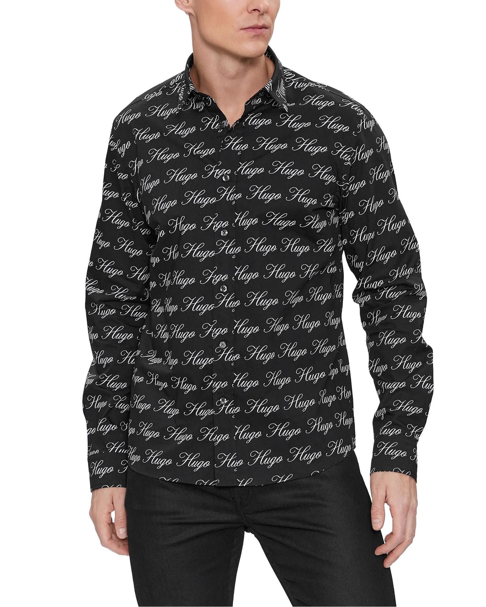 image of Hugo Print Long Sleeve Shirt With Classic Collar in Black, Men's (Size Medium)